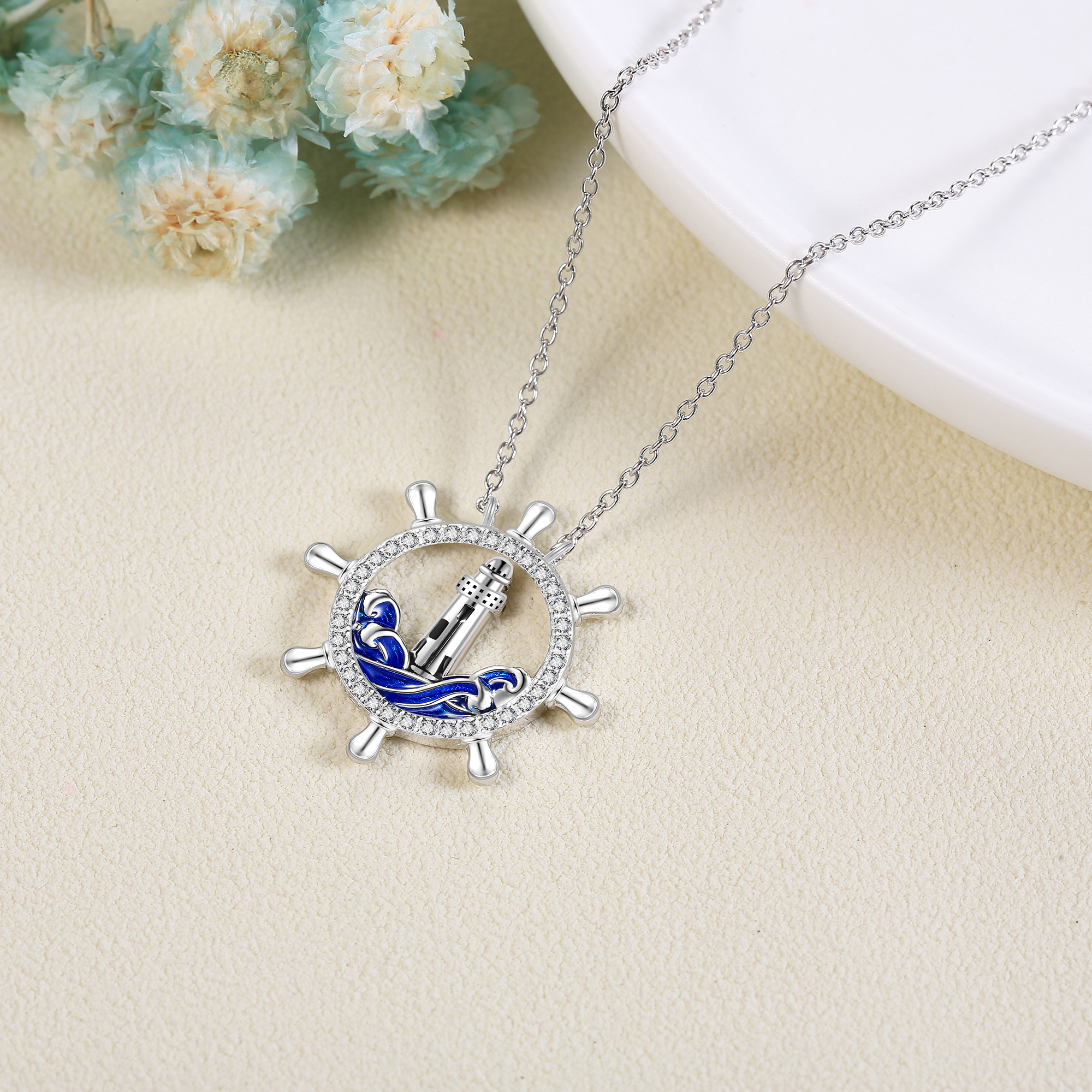 Women's Vintage 925 Sterling Silver Synthetic Zirconia Lighthouse Necklace